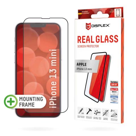Displex Full Cover Screen Protector (10H) for Apple iPhone 13 mini, Eco Mounting Frame, full screen coverage, Tempered Glass, scratch resistant protective film, case friendly