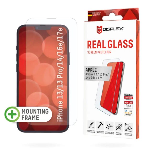 Displex Screen Protector (10H) for Apple iPhone iPhone 13/13 Pro/14/16e/17e, Eco Mounting Frame, scratch resistant