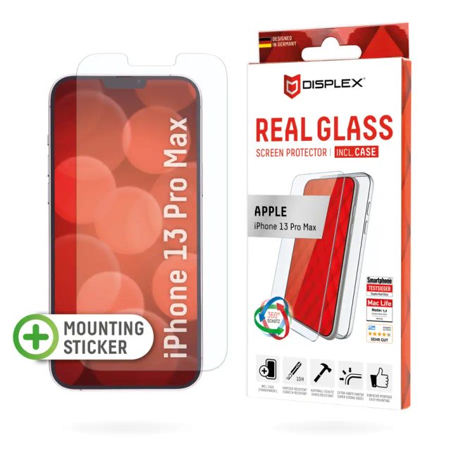 Displex Screen Protector (10H) + Case for Apple iPhone 13 Pro Max, Mounting Sticker, + Case, Tempered Glass, scratch resistant protective film