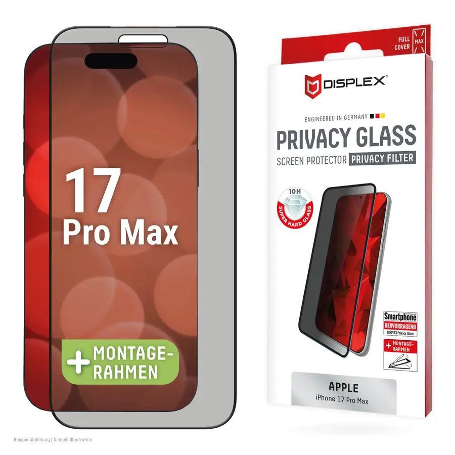 Displex Privacy Screen Protector (10H) for Apple iPhone 17 Pro Max, Eco Mounting Frame, Privacy Filter