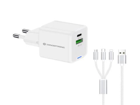 Conceptronic 2-Port 33W GaN USB PD Charger with 3-in-1 Charging Cable, USB-C x 1, USB-A x 1, QC 3.0, PPS