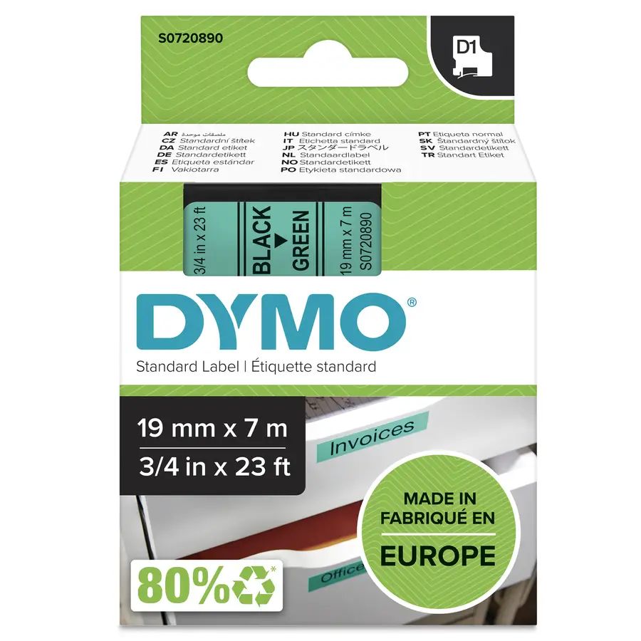 DYMO Authentic D1 Labels | Black Print on Green Tape | 19 mm x 7 m | Self-Adhesive Labels for LabelManager Label Makers | Made in Europe