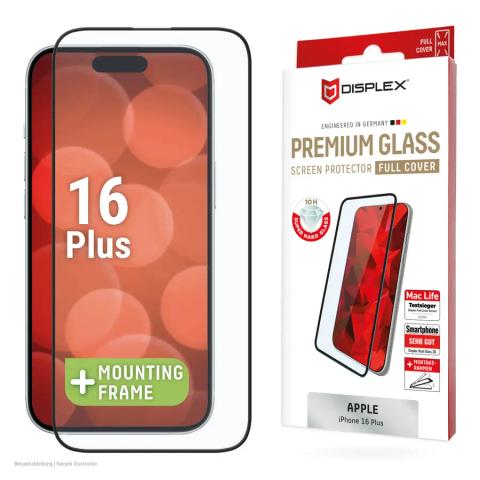 Displex Premium Screen Protector (Full Cover, 10H) for Apple iPhone 16 Plus, Eco Mounting Frame, Full Cover