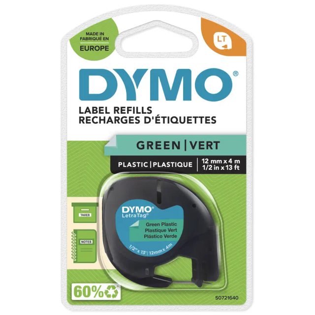 DYMO Branded LetraTag Plastic Labels | 12 mm x 4 m Roll | Black Print on Green Labels | MultipurposeSelf-Adhesive Labels for LetraTag Label Makers