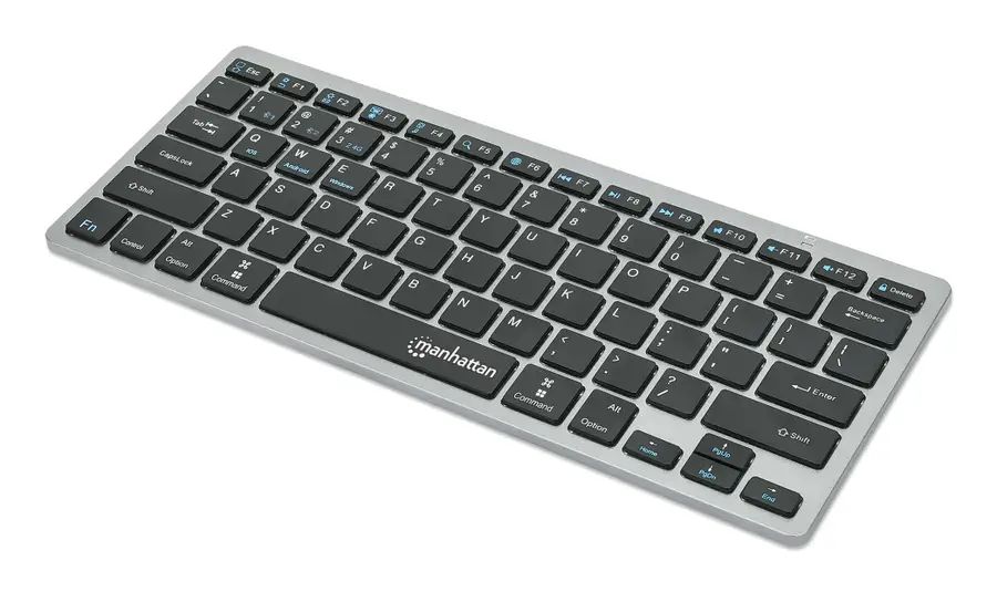 Manhattan Ultra Slim Dual-Mode Wireless Keyboard, German Quertz layout, Bluetooth (v3.0) and Wireless (2.4GHz), 78 low profile scissor keys, Auto Power Management, Range 10m, USB-A Micro Receiver, AAA Battery (included), Windows and Mac, Three Year Warranty