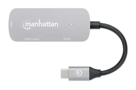 Manhattan USB-C Dock/Hub, Ports (x3): HDMI, USB-A and USB-C, with Power Delivery (PD) 100W- requires external USB-C charger (not included). USB powered (no external power supply required) when PD is not in use, Aluminium