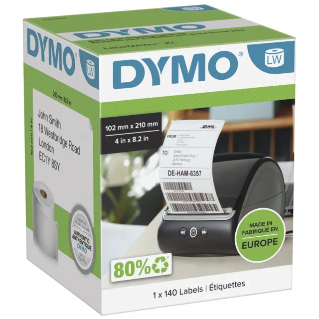 DYMO Authentic LabelWriter DHL Shipping Labels | 102 mm x 210 mm | Self Adhesive | Roll of 140 Easy-Peel Labels | for LabelWriter 5XL/4XL Label Makers | Made in Europe