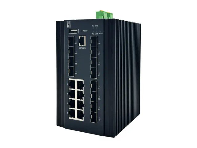 LevelOne 20-Port L2 Plus Managed Industrial Switch, 8 x 1GbE RJ45, 8 x 1GbE SFP, 4 x 1/2.5/10GbE SFP+, DIN-Rail, -40°C to 80°C