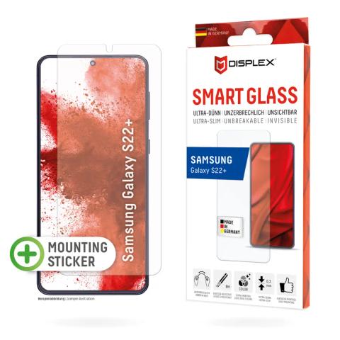 Displex Smart Glass (9H) for Samsung Galaxy S22+, Mounting Sticker, unbreakable, ultra-slim, invisible