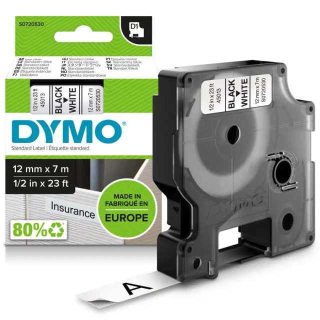 DYMO Authentic D1 Labels | Black Print on White Tape | 12 mm x 7 m | Self-Adhesive Labels for LabelManager Label Makers | Made in Europe
