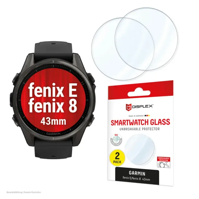 Displex 9H Glass Garmin fenix E/fenix 8 (43mm, 2-Pack, Ultra-Thin, Borderless, Anti-Smudge, Made in Germany