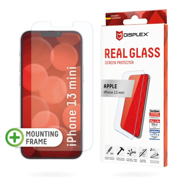 Displex Screen Protector (10H) for Apple iPhone 13 mini, Eco Mounting Frame, Tempered Glass, scratch resistant protective film, case friendly