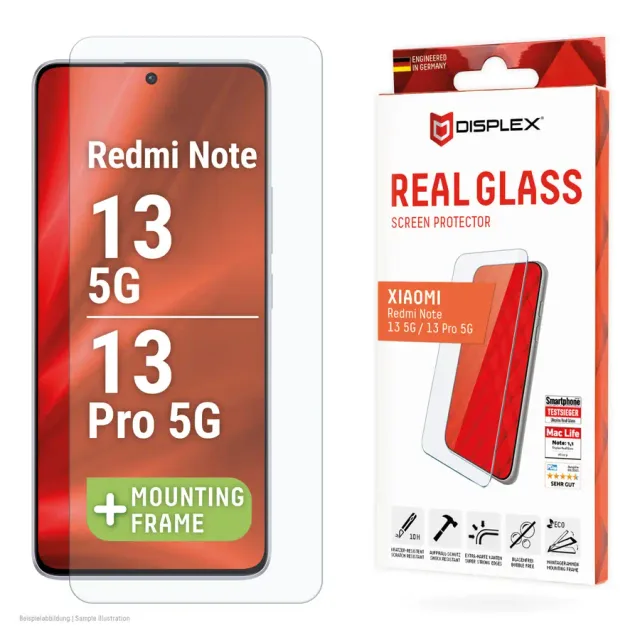 Displex Screen Protector (10H) for Xiaomi Redmi Note 13 5G/13 Pro 5G, Eco Mounting Frame, scratch resistant