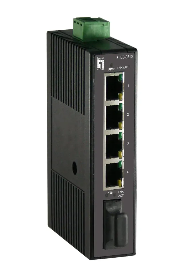 LevelOne 5-Port Fast Ethernet Industrial Switch, DIN-Rail, 1 x SC Multi-Mode Fiber, -20°C to 70°C