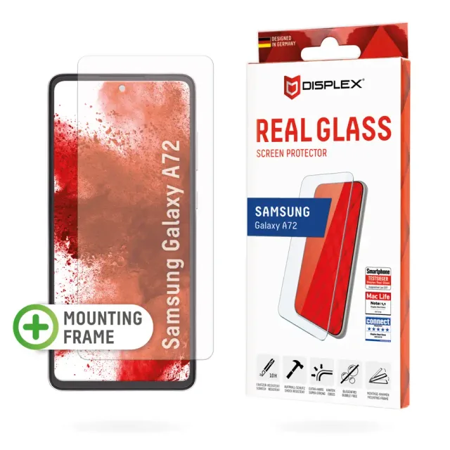 Displex Screen Protector (10H) for Samsung Galaxy A72, Eco Mounting Frame, Tempered Glass, scratch resistant protective film, case friendly