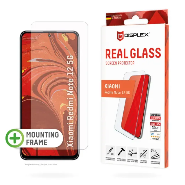 Displex Screen Protector (10H) for Xiaomi Redmi Note 12 5G, Eco Mounting Frame, scratch resistant