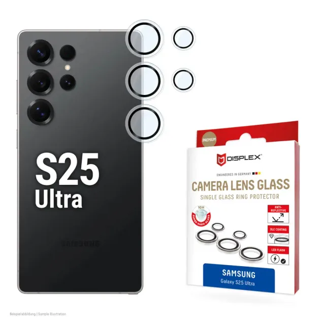 Displex Premium Camera Lens Glass, Samsung Galaxy S25 Ultra, 10H, Single Rings, DLC, transparent, Quick Mount