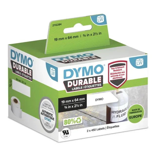 DYMO LabelWriter Durable Industrial Labels | 19mm x 64mm | White Poly | 2 Rolls of 450 (900 Self-Adhesive Labels) | Authentic | For LabelWriter Label Makers