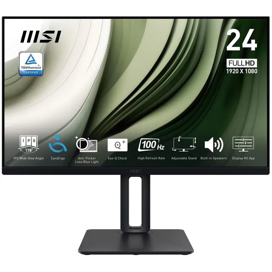 MSI Pro MP245PG 24 Inch Monitor, FHD (1920 x 1080), 100Hz, IPS, 1ms, 1x HDMI 1.4b, 1x DP 1.2a output, 1x D-Sub(VGA), Built-in Speakers, Anti-Glare, Anti-Flicker, Less Blue light, TÜV Certified, VESA, Kensington, 4-way adjustable stand, Black