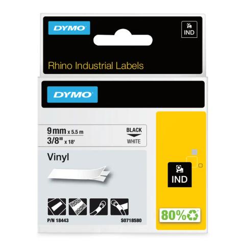 DYMO Rhino Industrial Vinyl Labels | 9 mm x 5.5 m | Black Print on White | Self-Adhesive | for Rhino & LabelManager Label Makers