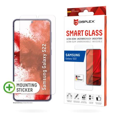Displex Smart Glass (9H) for Samsung Galaxy S22, Mounting Sticker, unbreakable, ultra-slim, invisible