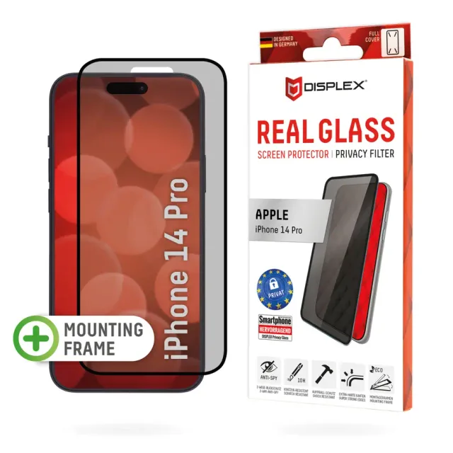 Displex Privacy Full Cover Screen Protector (10H) for Apple iPhone 14 Pro, Eco Mounting Frame, Privacy Filter, Tempered Glass, scratch resistant protective film, case friendly