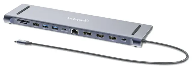 Manhattan USB-C Dock/Hub with Card Reader, Ports (x10): Audio 3.5mm, DisplayPort, Ethernet, HDMI (x2),USB-A (x3) and USB-C (x2),with PD 100W- requires external USB-C charger (not included). USB powered (no external power supply required) when PD is not in use