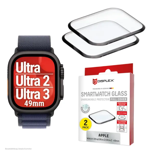 Displex Unbreakable Full Cover Smart Glass Apple Watch Ultra 3/Ultra 2/Ultra (49mm), 2-Pack, Ultra/Ultra2-Thin, Edge-to-Edge, Eco Mount