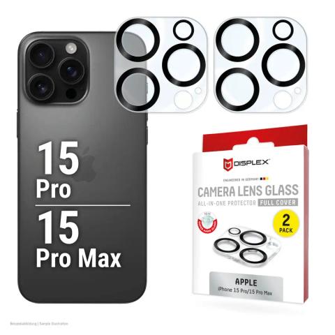 Displex Full Cover Camera Lens Glass iPhone 15 Pro/15 Pro Max, 10H, Full Camera Protector, Quick Mount, 2-Pack