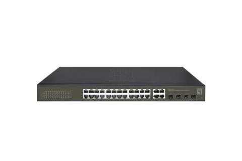LevelOne Hilbert 28-Port Gigabit PoE Smart Lite Switch, 24 PoE Outputs, 4 x Gigabit SFP/RJ45 Combo, 802.3at/af PoE, 380W PoE Power Budget
