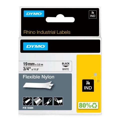 DYMO Rhino Industrial Flexible Nylon Labels | 19 mm x 3.5 m | Black Print on White | Self-Adhesive | for Rhino & LabelManager Label Makers
