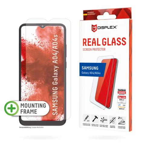 Displex Screen Protector (10H) for Samsung Galaxy A04/A04s, Eco Mounting Frame, Tempered Glass, scratch resistant protective film, case friendly