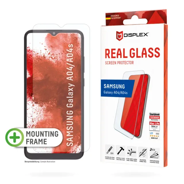 Displex Screen Protector (10H) for Samsung Galaxy A04/A04s, Eco Mounting Frame, Tempered Glass, scratch resistant protective film, case friendly