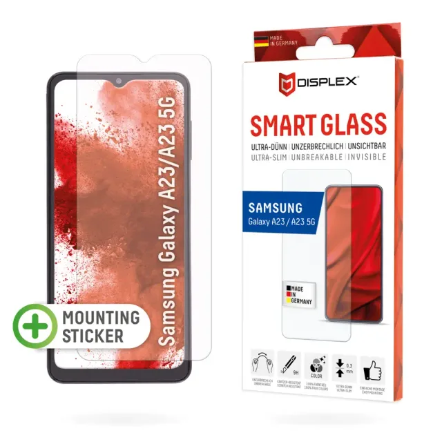 Displex Smart Glass (9H) for Samsung Galaxy A23/A23 5G, Mounting Sticker, unbreakable, ultra-slim, invisible