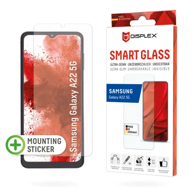 Displex Smart Glass (9H) for Samsung Galaxy A22 5G, Mounting Sticker, unbreakable, ultra-slim, invisible