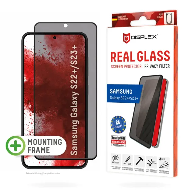 Displex Privacy Screen Protector (10H) for Samsung Galaxy S22+/S23+, Eco Mounting Frame, Privacy Filter