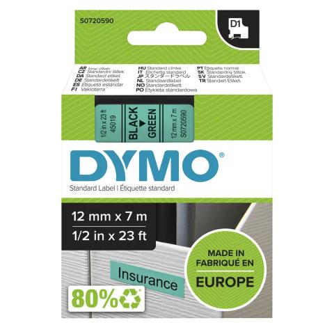 DYMO Authentic D1 Labels | Black Print on Green Tape | 12 mm x 7 m | Self-Adhesive Labels for LabelManager Label Makers | Made in Europe