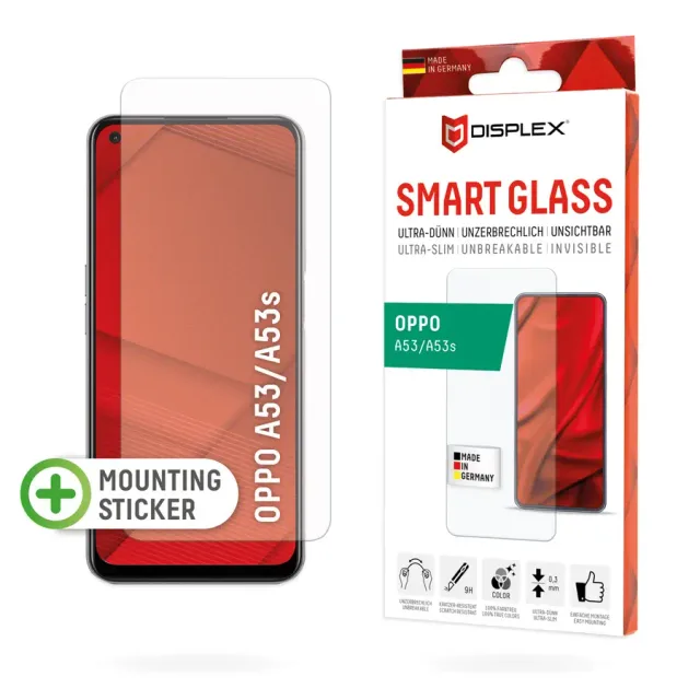 Displex Smart Glass (9H) for Oppo A53/A53s, Mounting Sticker, unbreakable