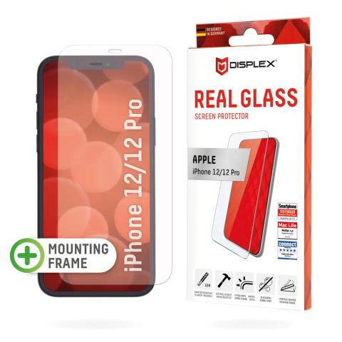 Displex Screen Protector (10H) for Apple iPhone 12/12 Pro, Eco Mounting Frame, Tempered Glass, scratch resistant protective film, case friendly