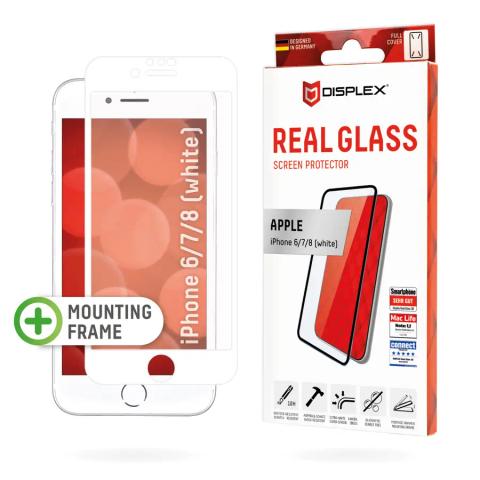 Displex Full Cover Screen Protector (10H) for Apple iPhone 6/7/8 (White), Mounting Frame, full screen coverage, Tempered Glass, scratch resistant protective film, case friendly