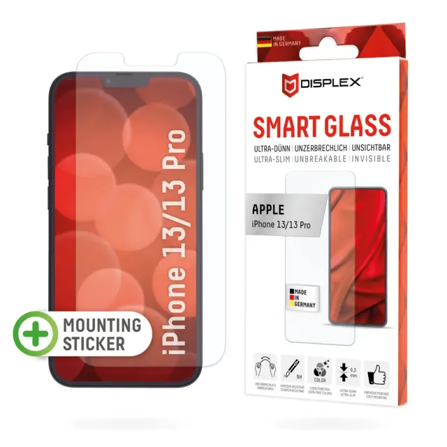 Displex Smart Glass (9H) for Apple iPhone 13/13 Pro, Mounting Sticker, unbreakable