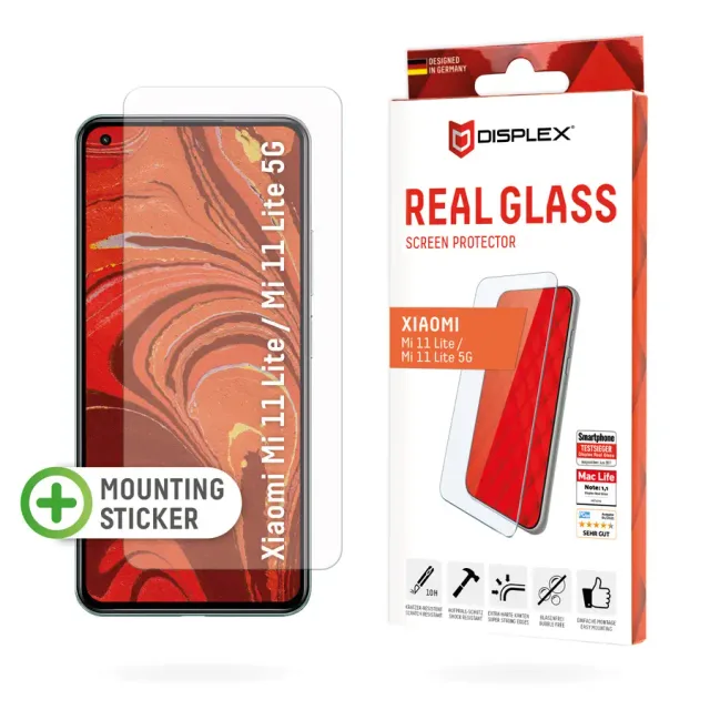 Displex Screen Protector (10H) for Xiaomi 11 Lite 5G/Mi 11 Lite 5G, Mounting Sticker, Tempered Glass, scratch resistant protective film, case friendly