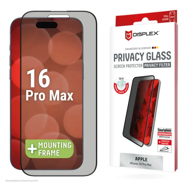 Displex Privacy Screen Protector (10H) for Apple iPhone 16 Pro Max, Eco Mounting Frame, Privacy Filter