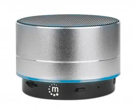 Manhattan Metallic Bluetooth Speaker, Splashproof, Range 10m, microSD card reader, Aux 3.5mm connector, USB-A charging cable included (5V charging), Silver, Three Years Warranty
