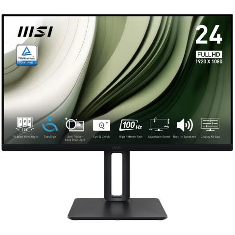 MSI Pro MP245PG 24 Inch Monitor, FHD (1920 x 1080), 100Hz, IPS, 1ms, 1x HDMI 1.4b, 1x DP 1.2a output, 1x D-Sub(VGA), Built-in Speakers, Anti-Glare, Anti-Flicker, Less Blue light, TÜV Certified, VESA, Kensington, 4-way adjustable stand, Black