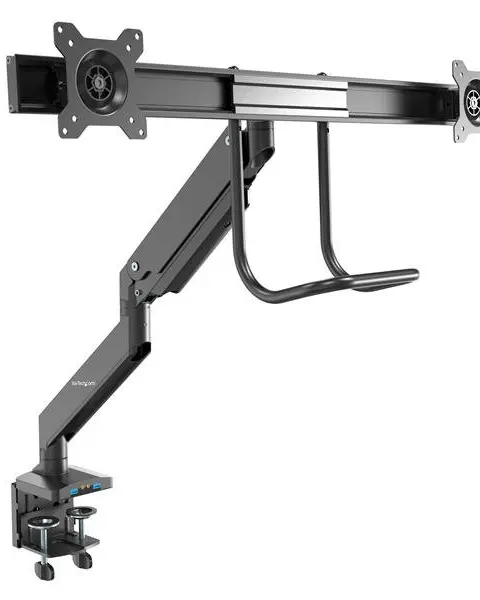 StarTech.com Desk Mount Dual Monitor Arm with USB & Audio - Slim Full Motion Adjustable Dual Monitor VESA Mount for up to 32" Displays - Ergonomic Articulating - C-Clamp/Grommet