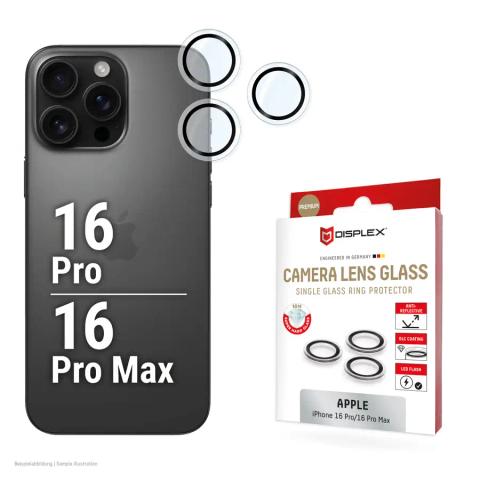 Displex Premium Camera Lens Glass, iPhone 16 Pro/16 Pro Max, 10H, Single Rings, DLC, transparent, Quick Mount