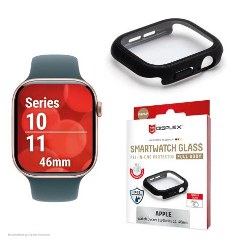 Displex 10H Tempered Glass for Apple Watch 11/10 (46mm), Full Body Case, IP68, Snap-On, black frosted