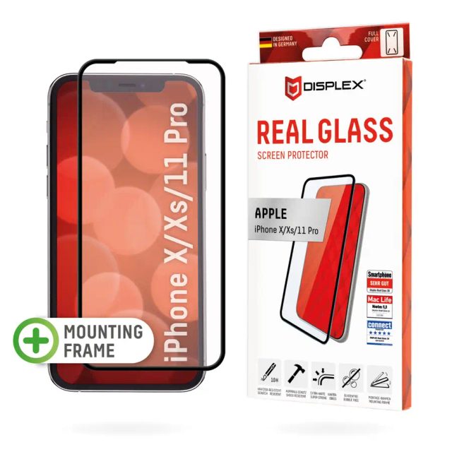 Displex Full Cover Screen Protector (10H) for Apple iPhone X/XS/11 Pro, Eco Mounting Frame, full screen coverage, Tempered Glass, scratch resistant protective film, case friendly