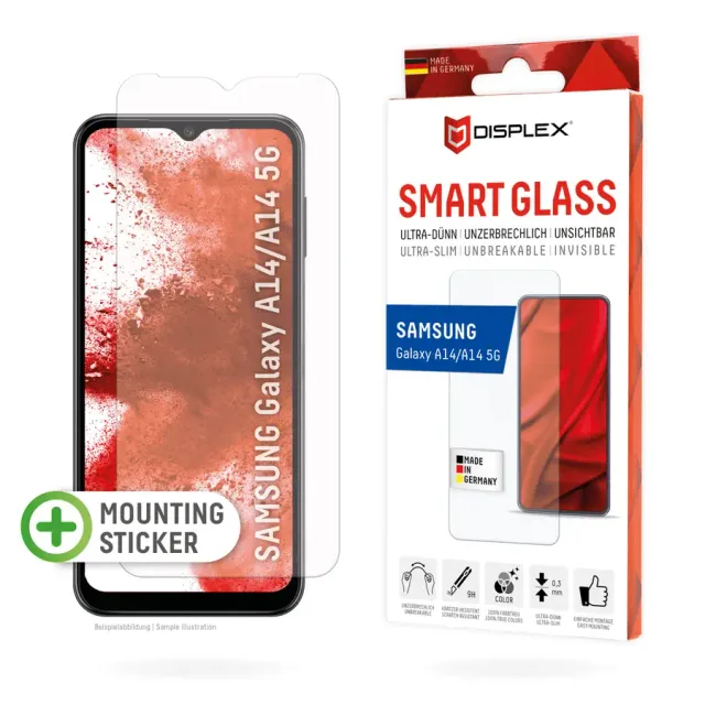 Displex Smart Glass (9H) for Samsung Galaxy A14 5G, Mounting Sticker, unbreakable, ultra-slim, invisible
